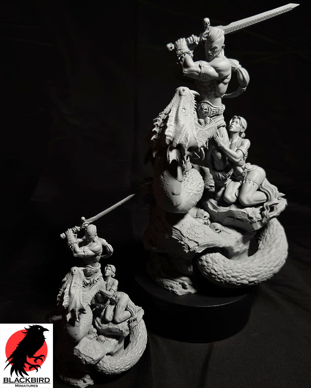 The Sword and the Basilisk 3D printed resin display figurine by Black Bird Miniatures depicting a barbarian warrior battling a giant serpent