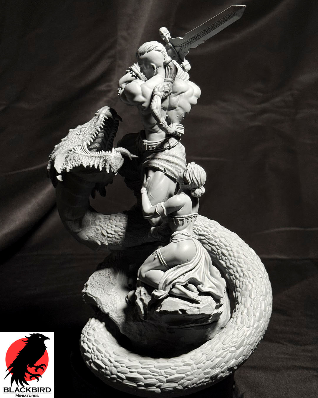 The Sword and the Basilisk 3D printed resin display figurine by Black Bird Miniatures depicting a barbarian warrior battling a giant serpent