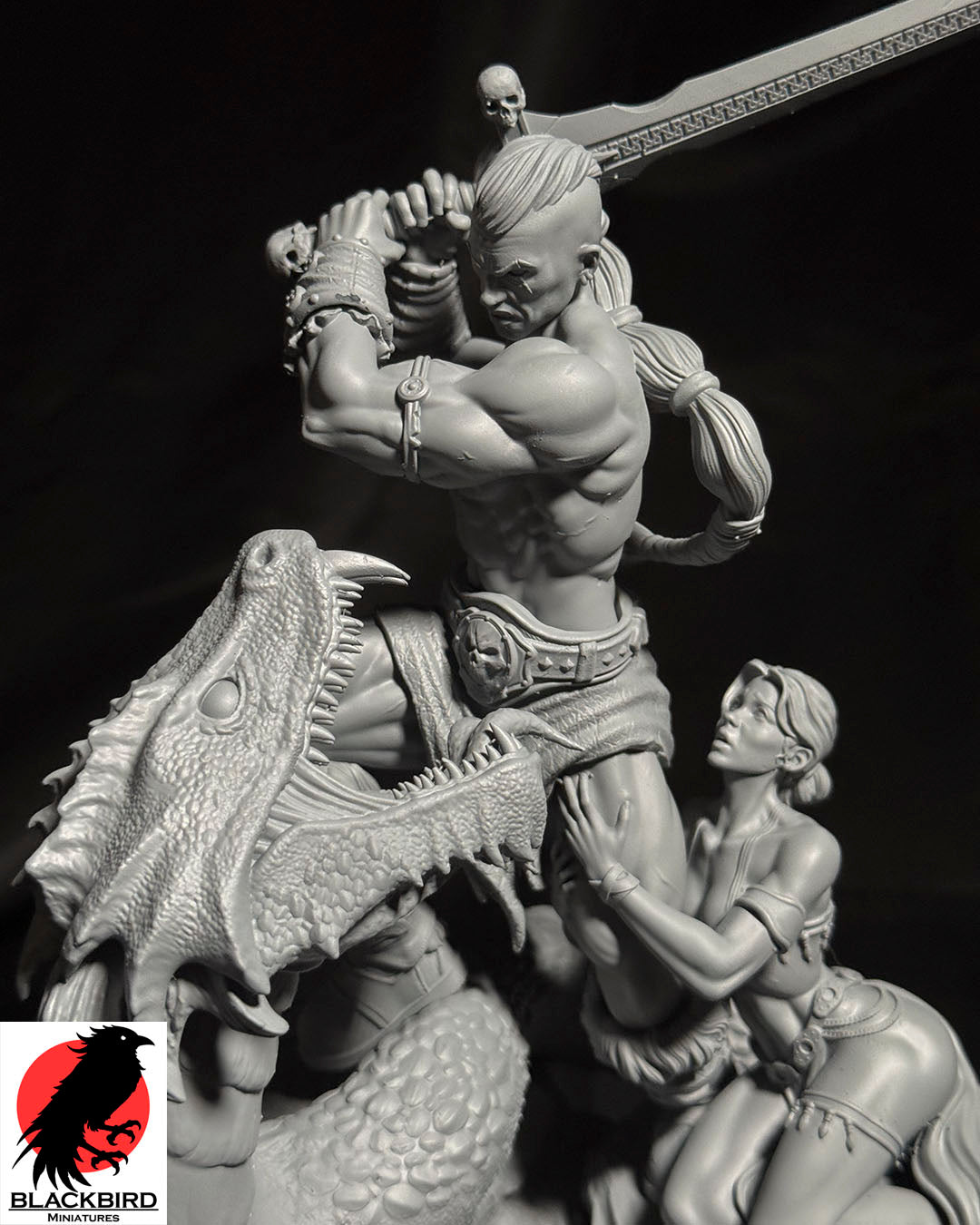 The Sword and the Basilisk 3D printed resin display figurine by Black Bird Miniatures depicting a barbarian warrior battling a giant serpent
