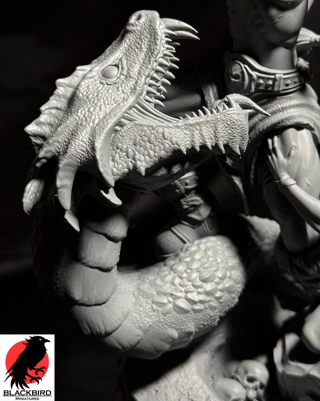 The Sword and the Basilisk 3D printed resin display figurine by Black Bird Miniatures depicting a barbarian warrior battling a giant serpent