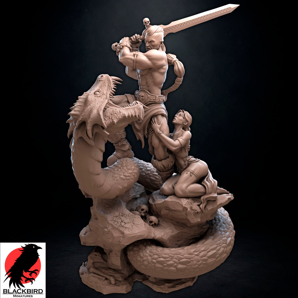 The Sword and the Basilisk 3D printed resin display figurine by Black Bird Miniatures depicting a barbarian warrior battling a giant serpent