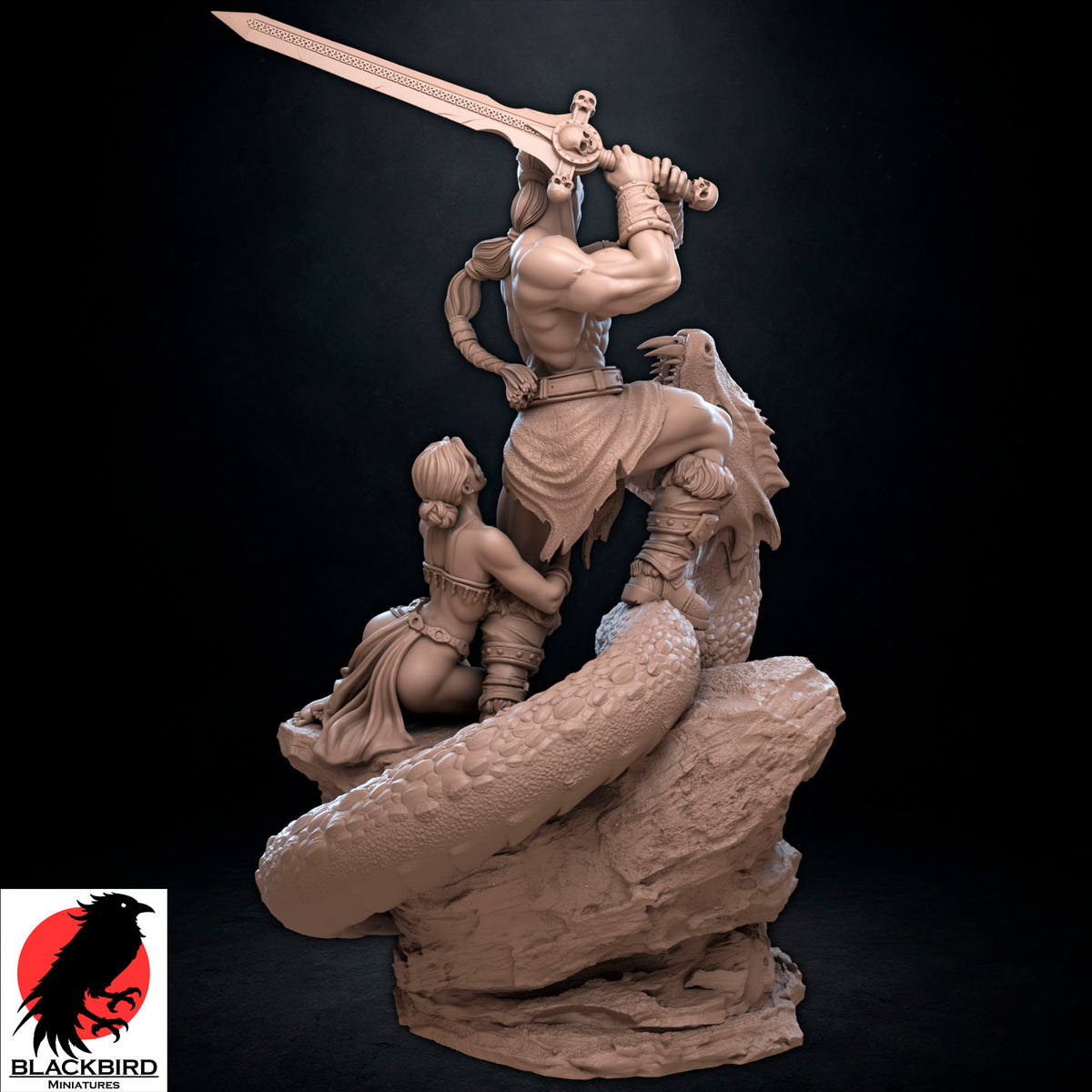 The Sword and the Basilisk 3D printed resin display figurine by Black Bird Miniatures depicting a barbarian warrior battling a giant serpent