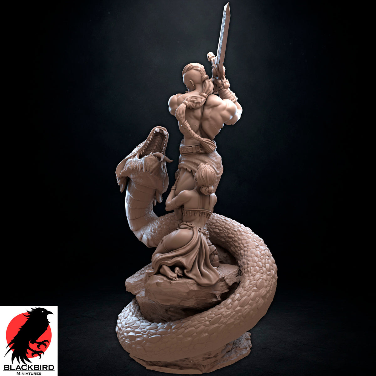 The Sword and the Basilisk 3D printed resin display figurine by Black Bird Miniatures depicting a barbarian warrior battling a giant serpent