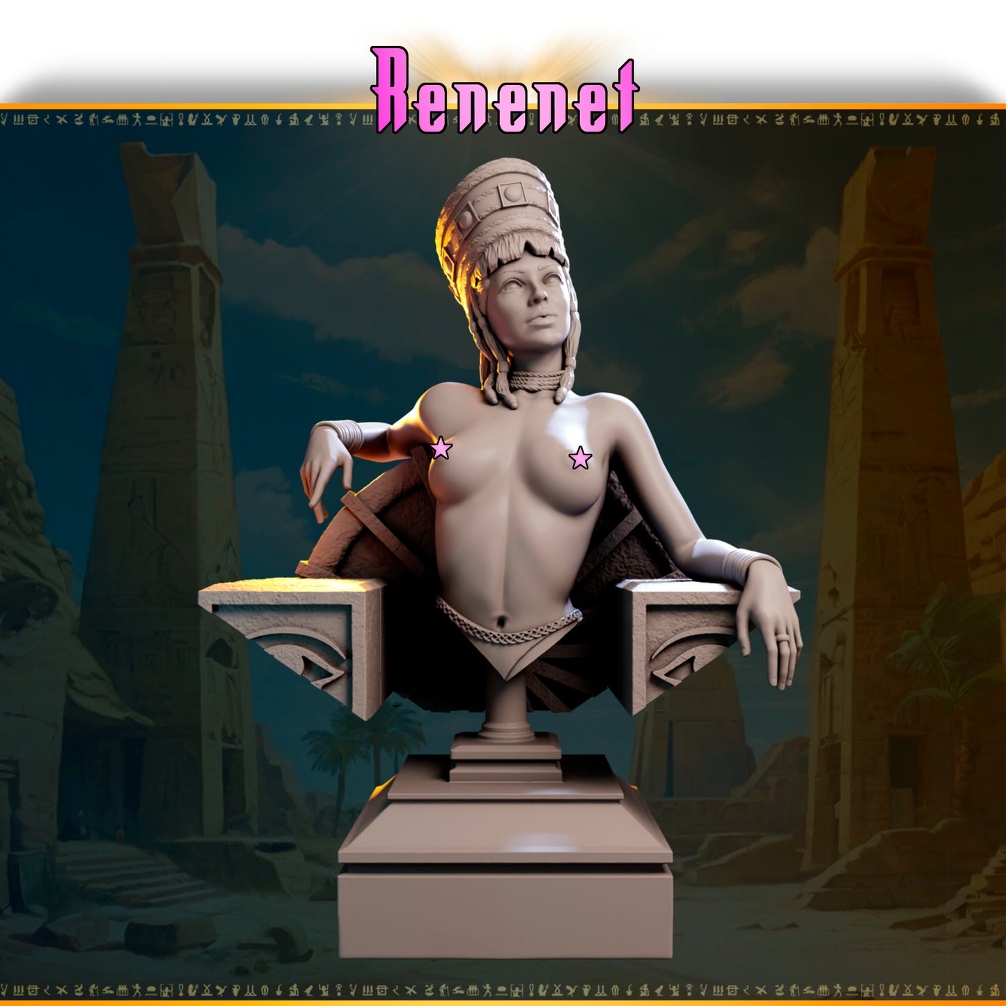 Renenet – Bogini Urodzaju — widok z przodu na ozdobnej podstawce