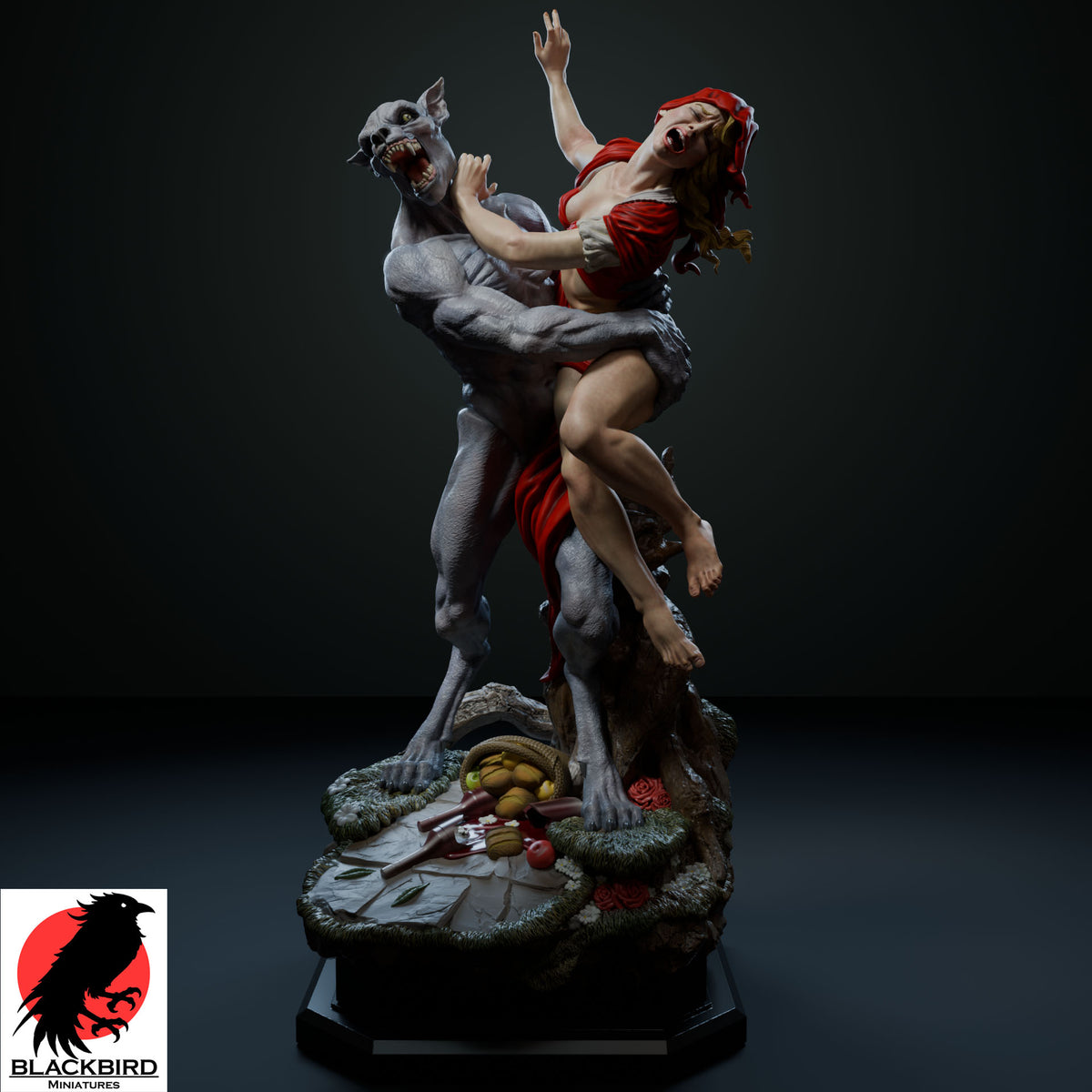 Red Hood resin figure by Black Bird Miniatures printed in high definition ABS-Like resin showing a werewolf grabbing a pin-up girl