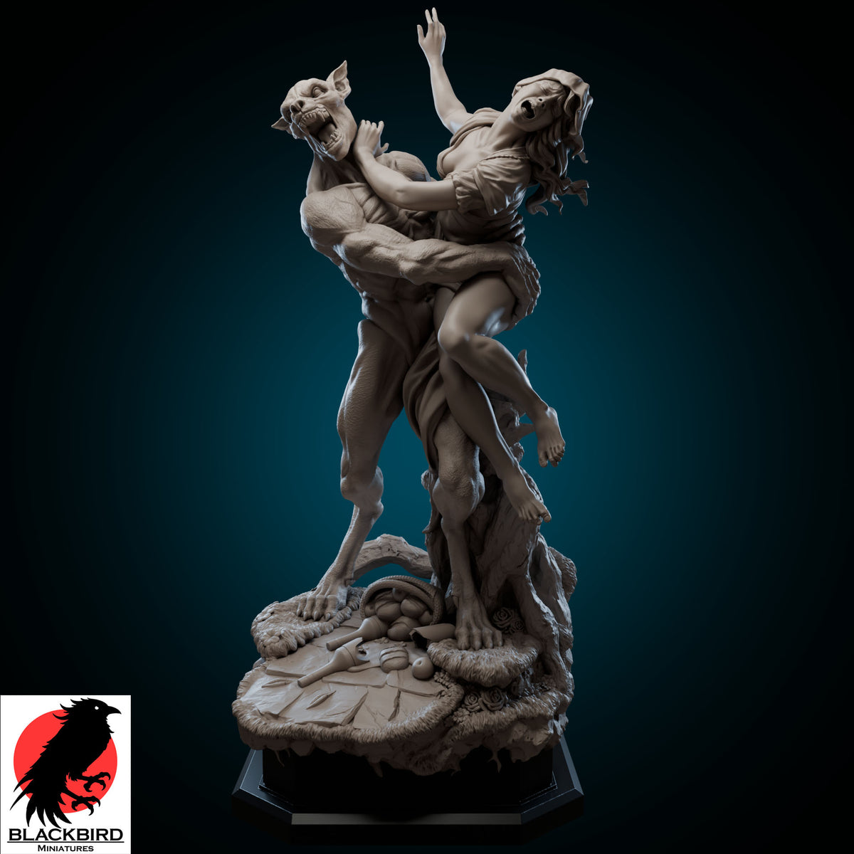 Red Hood resin figure by Black Bird Miniatures printed in high definition ABS-Like resin showing a werewolf grabbing a pin-up girl