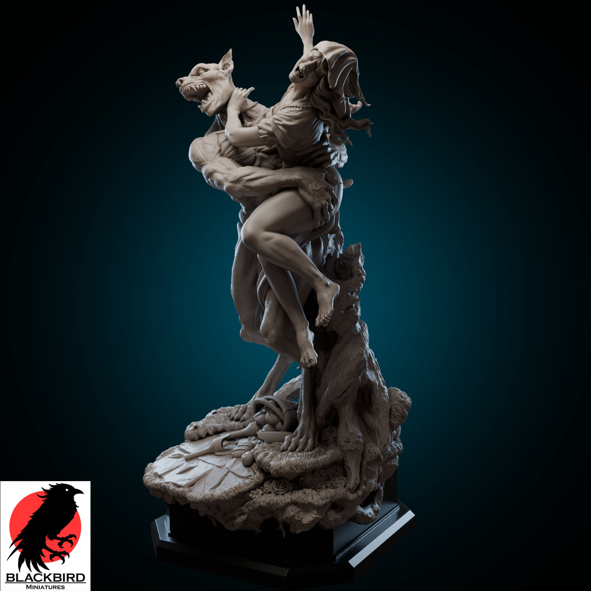 Red Hood resin figure by Black Bird Miniatures printed in high definition ABS-Like resin showing a werewolf grabbing a pin-up girl
