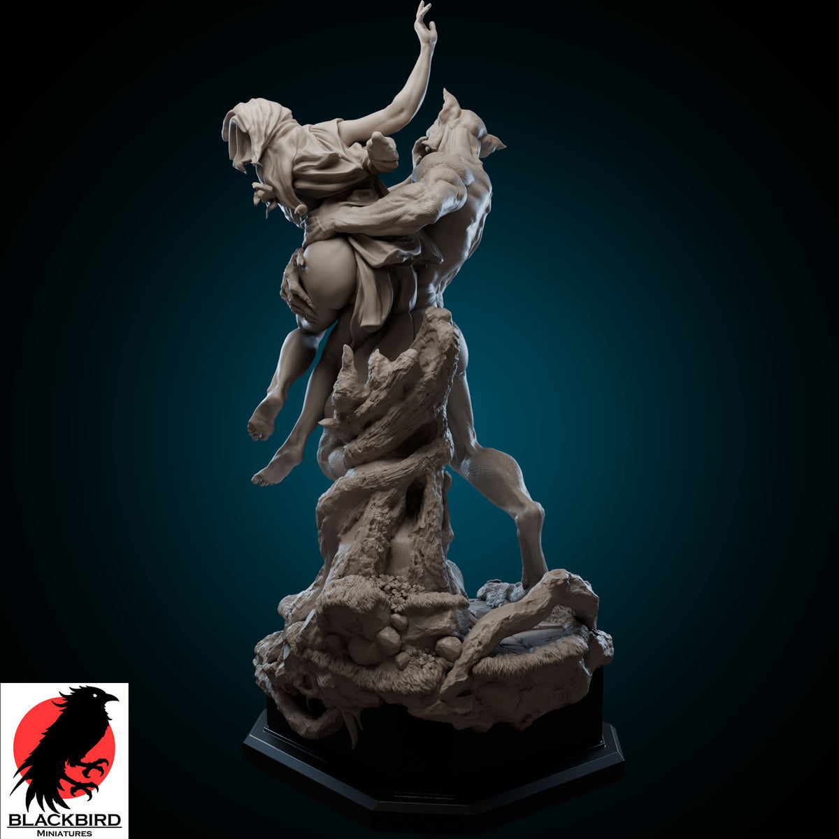 Red Hood resin figure by Black Bird Miniatures printed in high definition ABS-Like resin showing a werewolf grabbing a pin-up girl