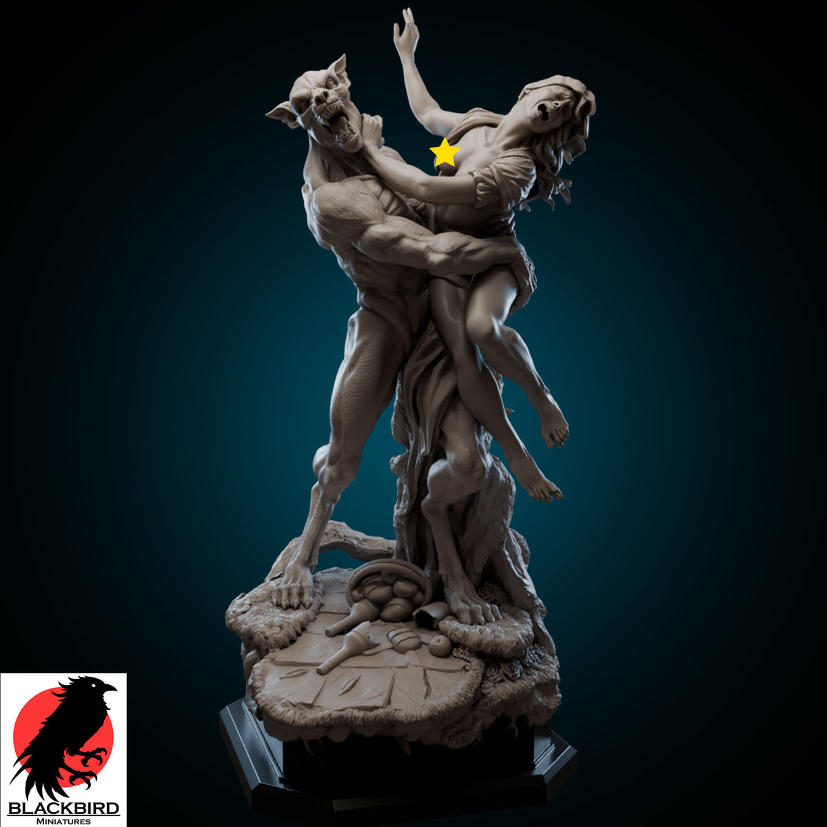 Red Hood resin figure by Black Bird Miniatures printed in high definition ABS-Like resin showing a werewolf grabbing a pin-up girl