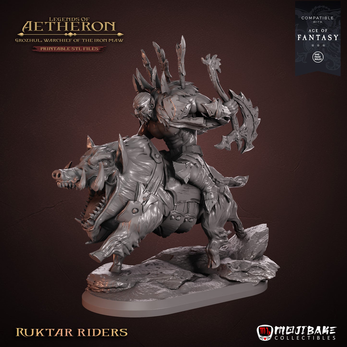 Ruktar Riders – jeźdźcy Iron Maw z Legends of Aetheron, figurki fantasy 3D 32 mm, widok z przodu