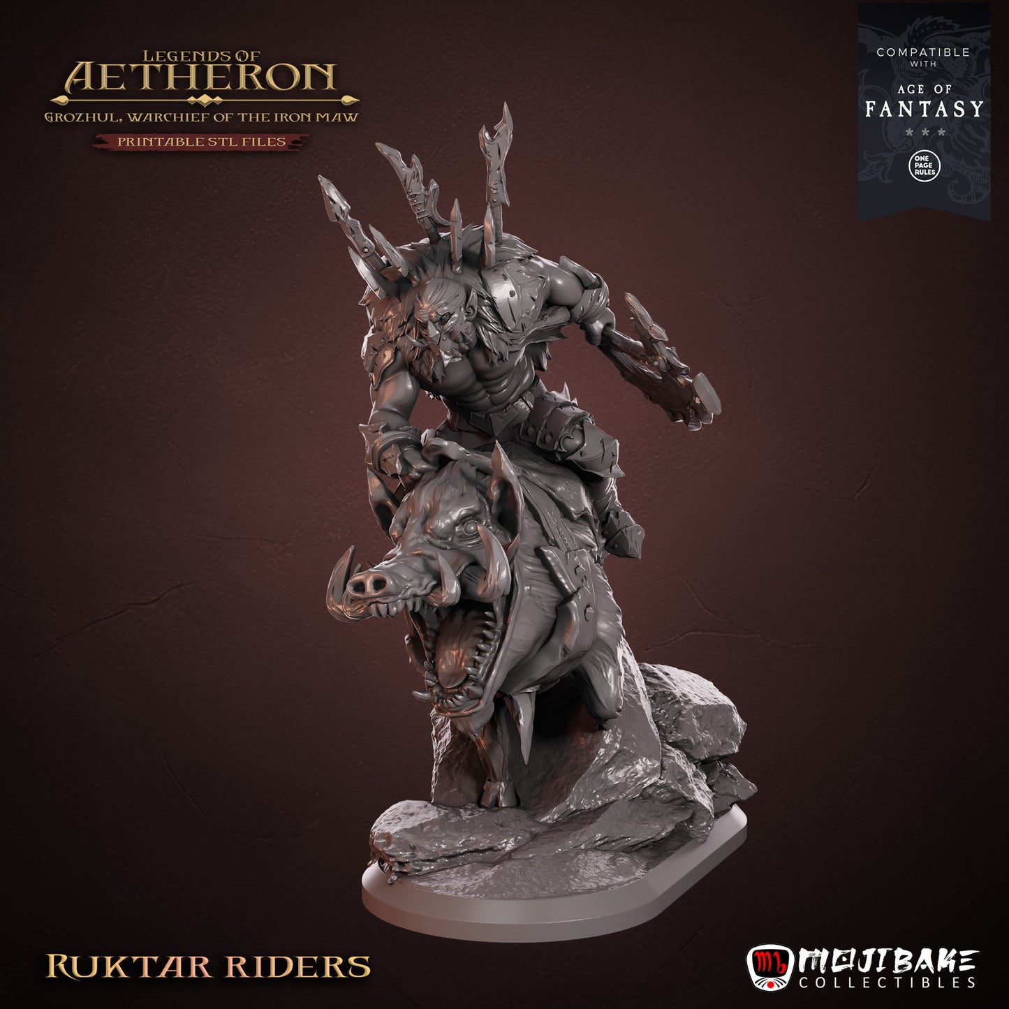 Ruktar Riders – jeźdźcy Iron Maw z Legends of Aetheron, figurki fantasy 3D 32 mm, widok z przodu