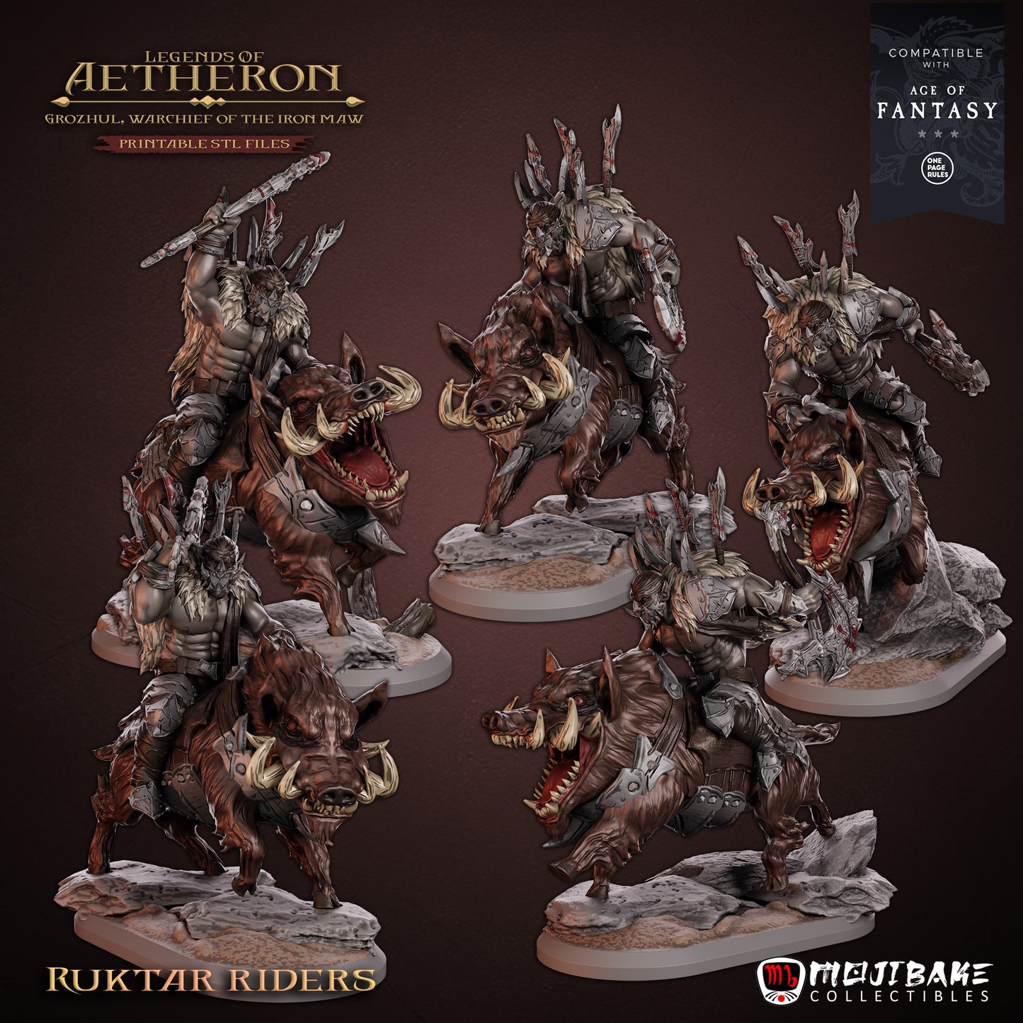 Ruktar Riders – jeźdźcy Iron Maw z Legends of Aetheron, figurki fantasy 3D 32 mm, widok z przodu