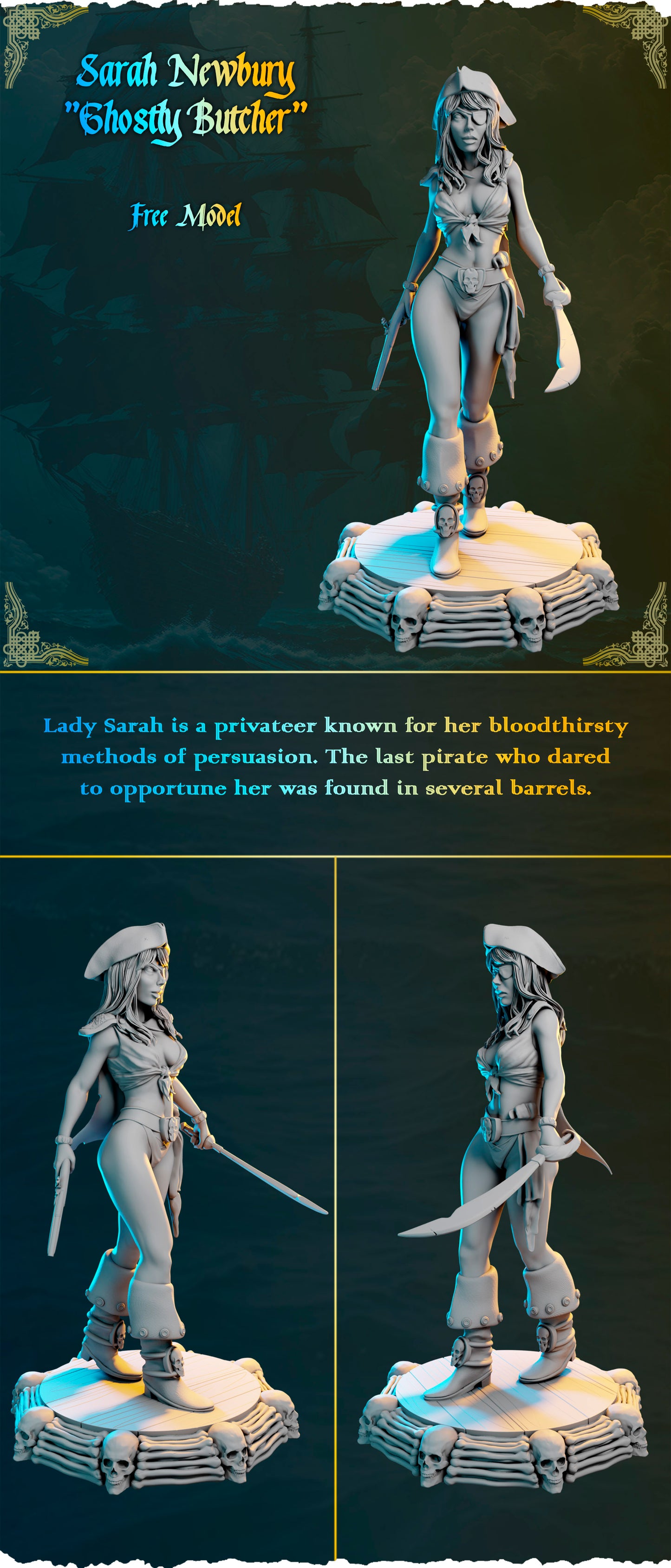 Piracka wojowniczka z szablą i pistoletem figurka 3D od Black Bird Miniatures