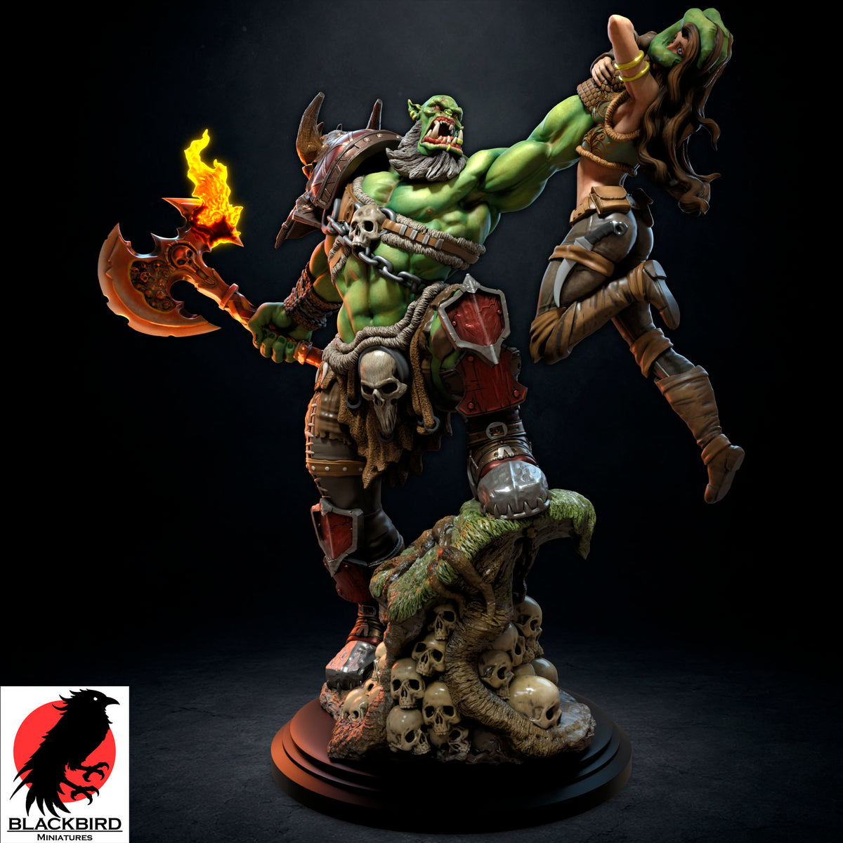 The Final Trophy premium 16K printed resin figure of an Orc warlord holding a female captive by Black Bird Miniatures