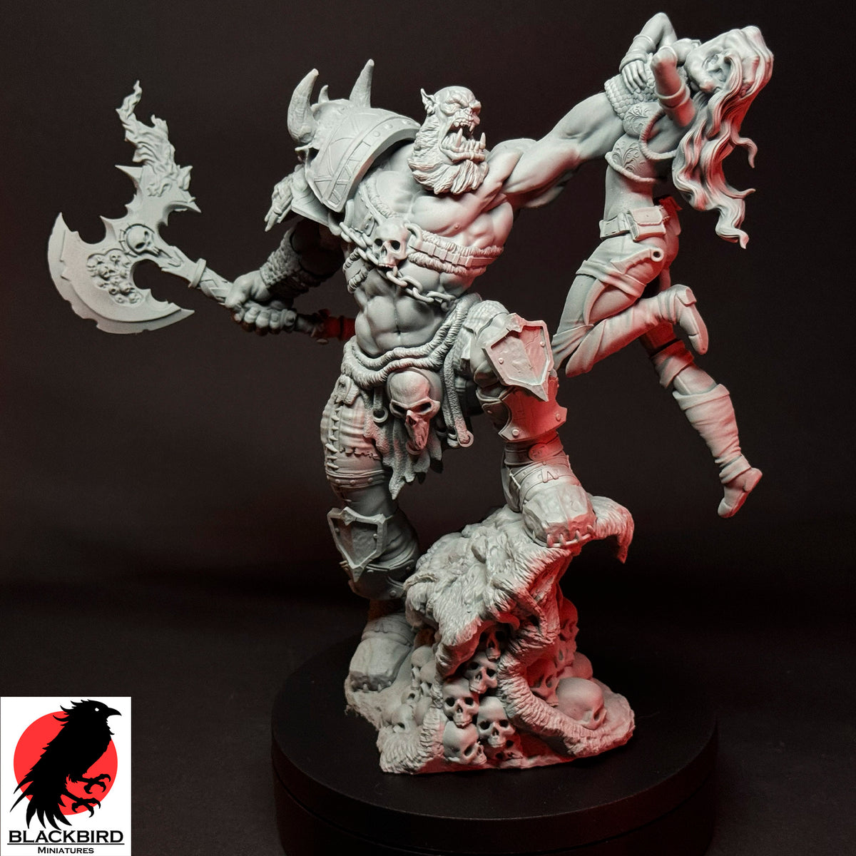 The Final Trophy premium 16K printed resin figure of an Orc warlord holding a female captive by Black Bird Miniatures
