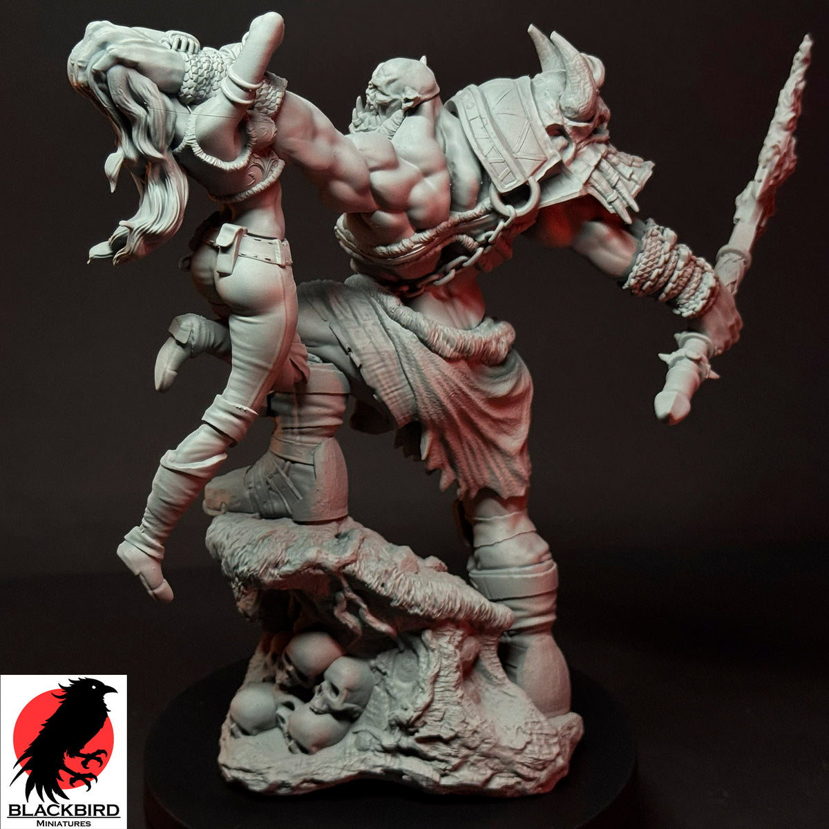 The Final Trophy premium 16K printed resin figure of an Orc warlord holding a female captive by Black Bird Miniatures