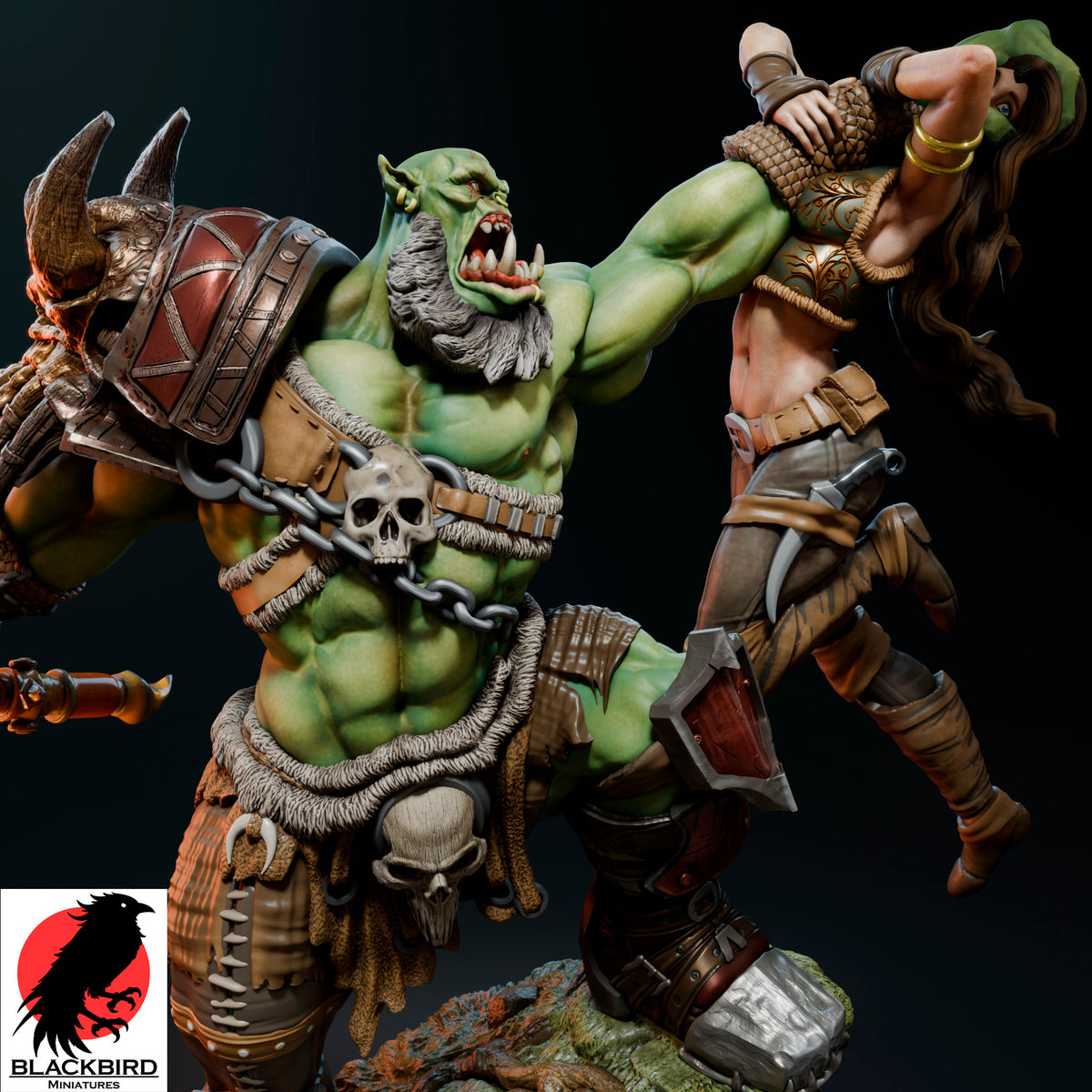 The Final Trophy premium 16K printed resin figure of an Orc warlord holding a female captive by Black Bird Miniatures
