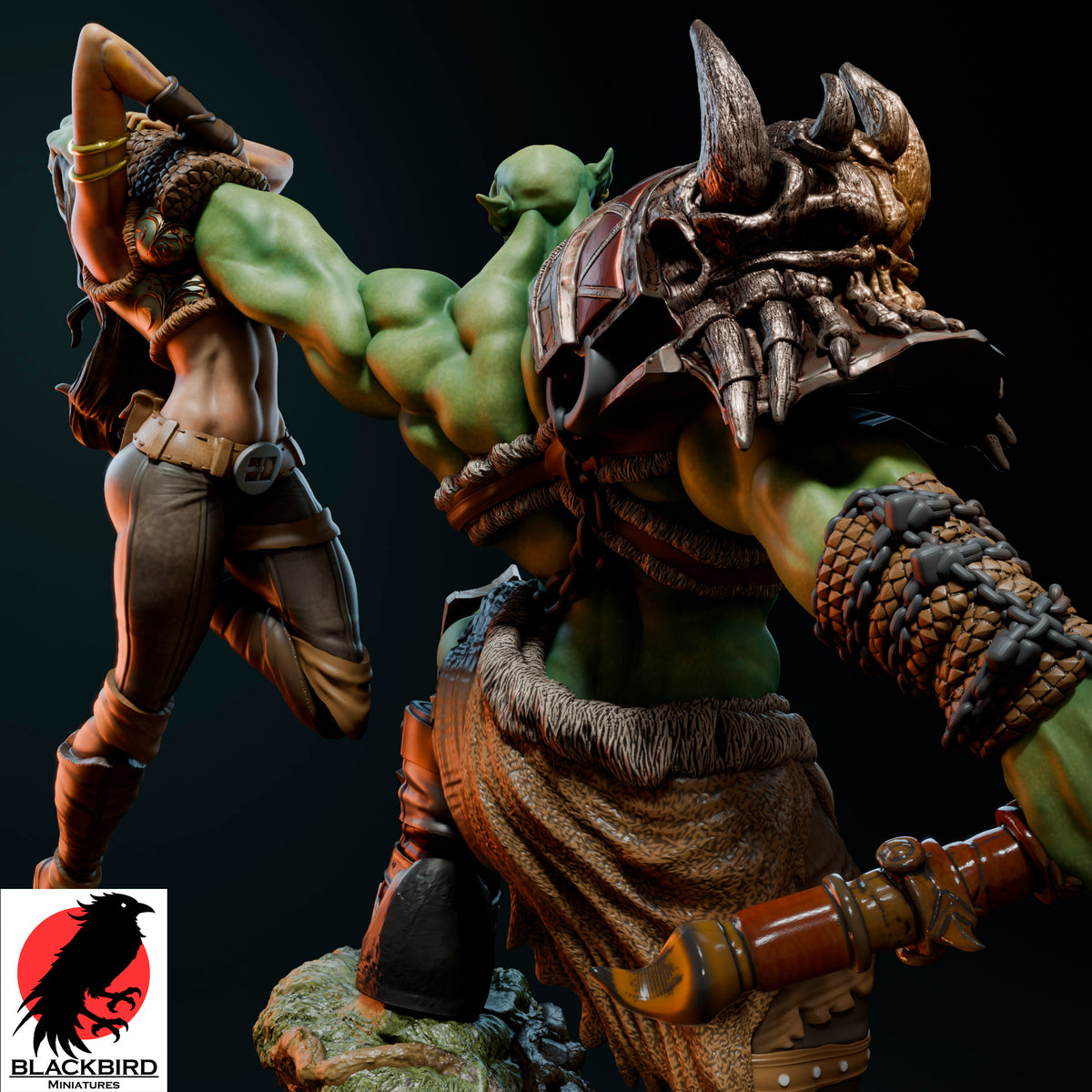 The Final Trophy premium 16K printed resin figure of an Orc warlord holding a female captive by Black Bird Miniatures