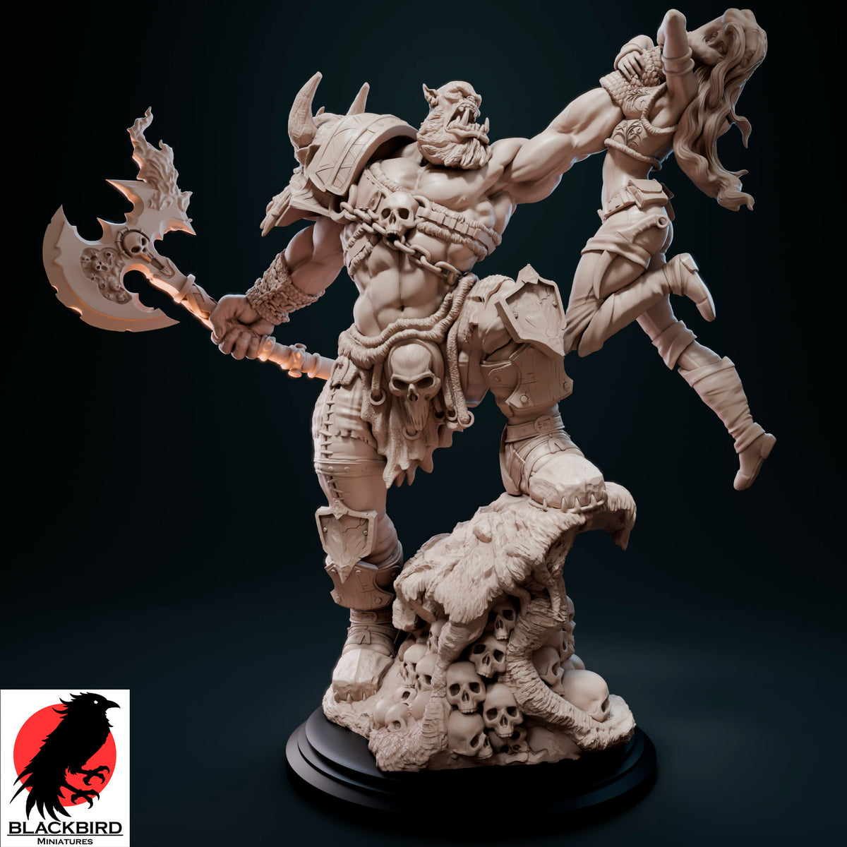 The Final Trophy premium 16K printed resin figure of an Orc warlord holding a female captive by Black Bird Miniatures
