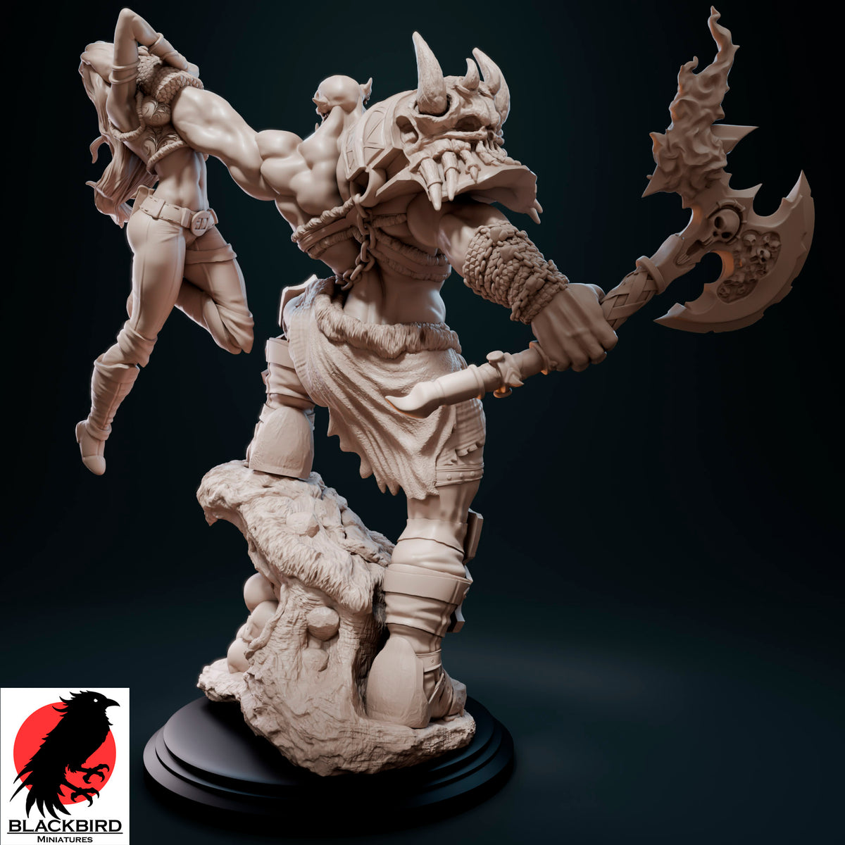 The Final Trophy premium 16K printed resin figure of an Orc warlord holding a female captive by Black Bird Miniatures