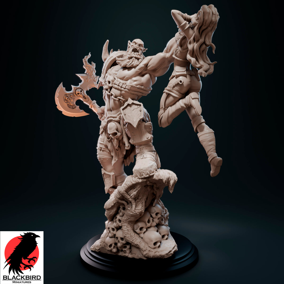 The Final Trophy premium 16K printed resin figure of an Orc warlord holding a female captive by Black Bird Miniatures