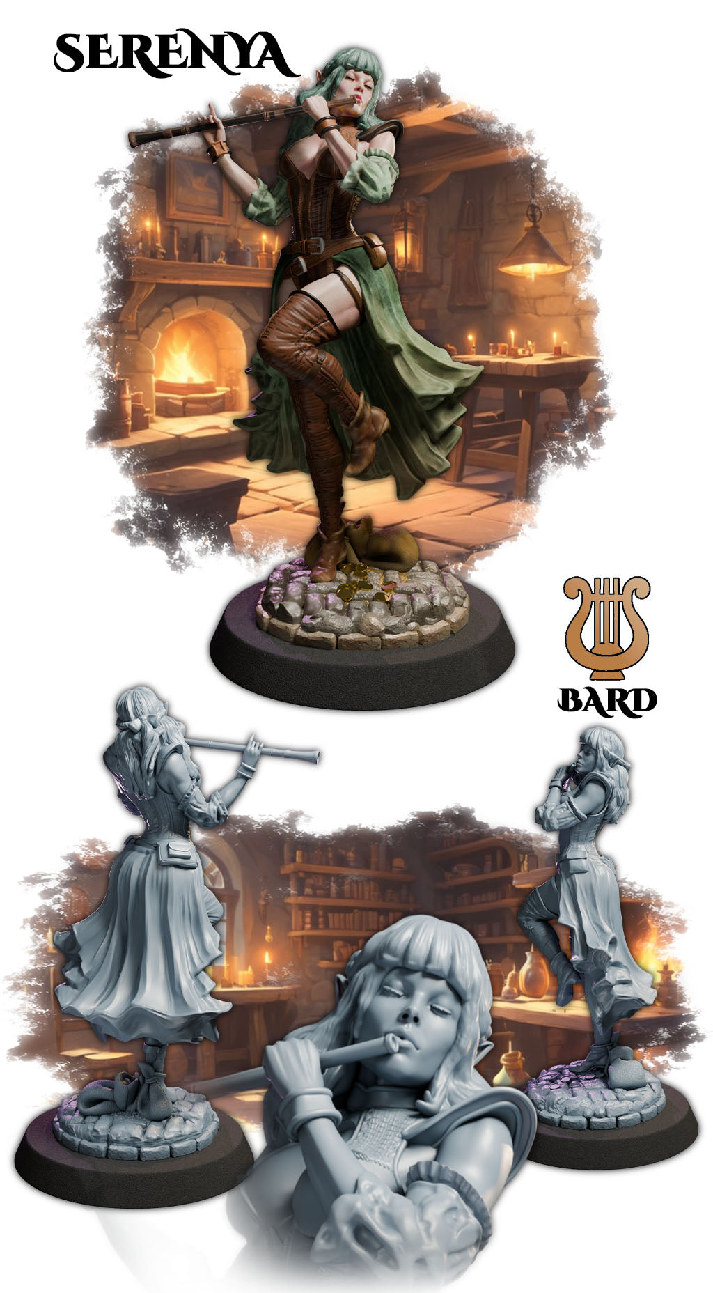 Serenya painted female bard miniature 75mm by Black Bird Miniatures