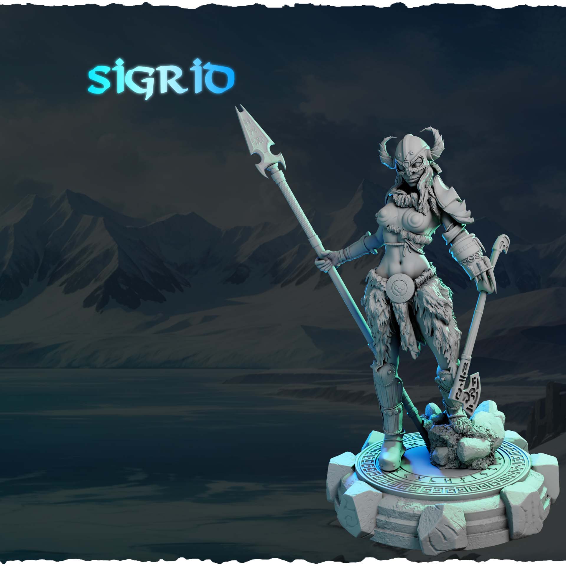 Północna Wojowniczka z Włócznią — figurka na kamiennej podstawce