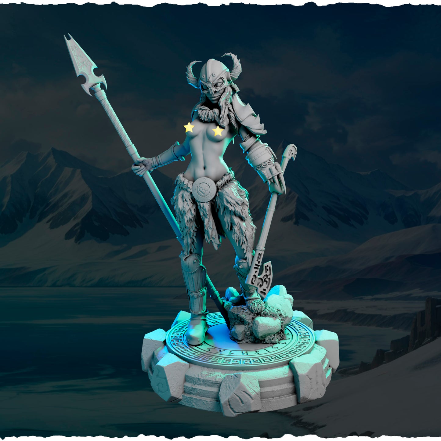 Północna Wojowniczka z Włócznią — figurka na kamiennej podstawce