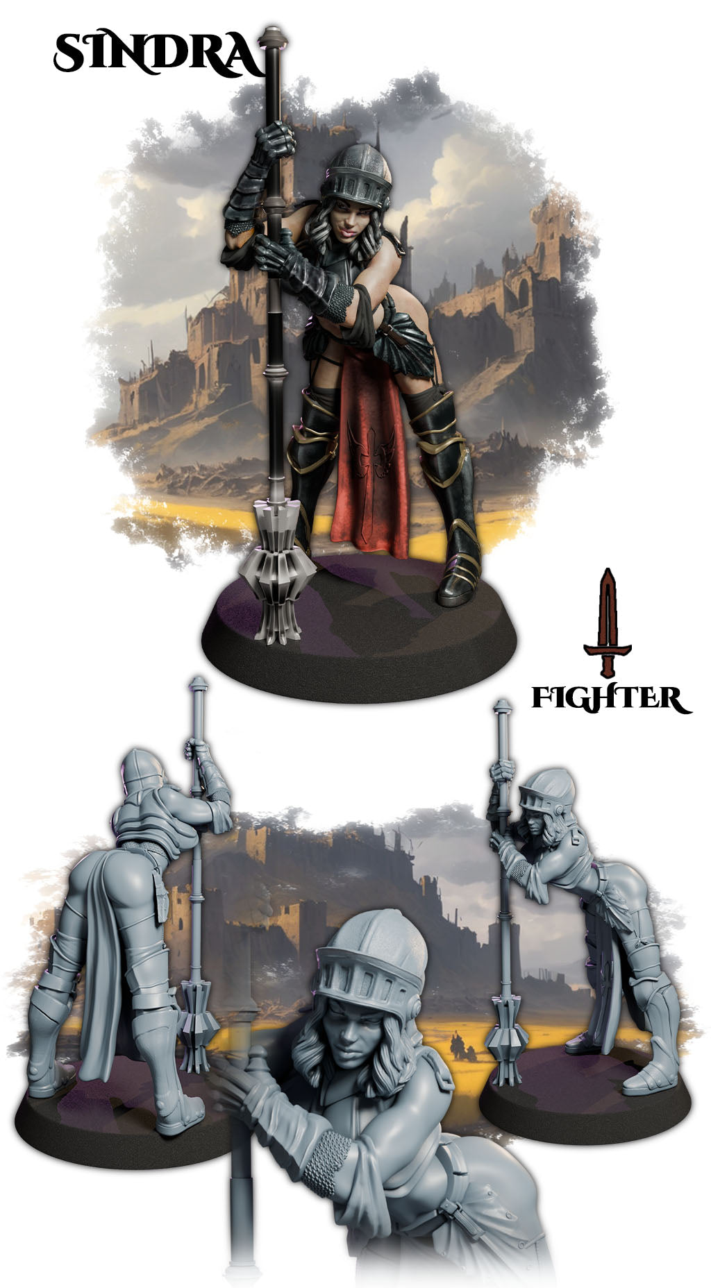 Sindra painted female fighter miniature 75mm by Black Bird Miniatures