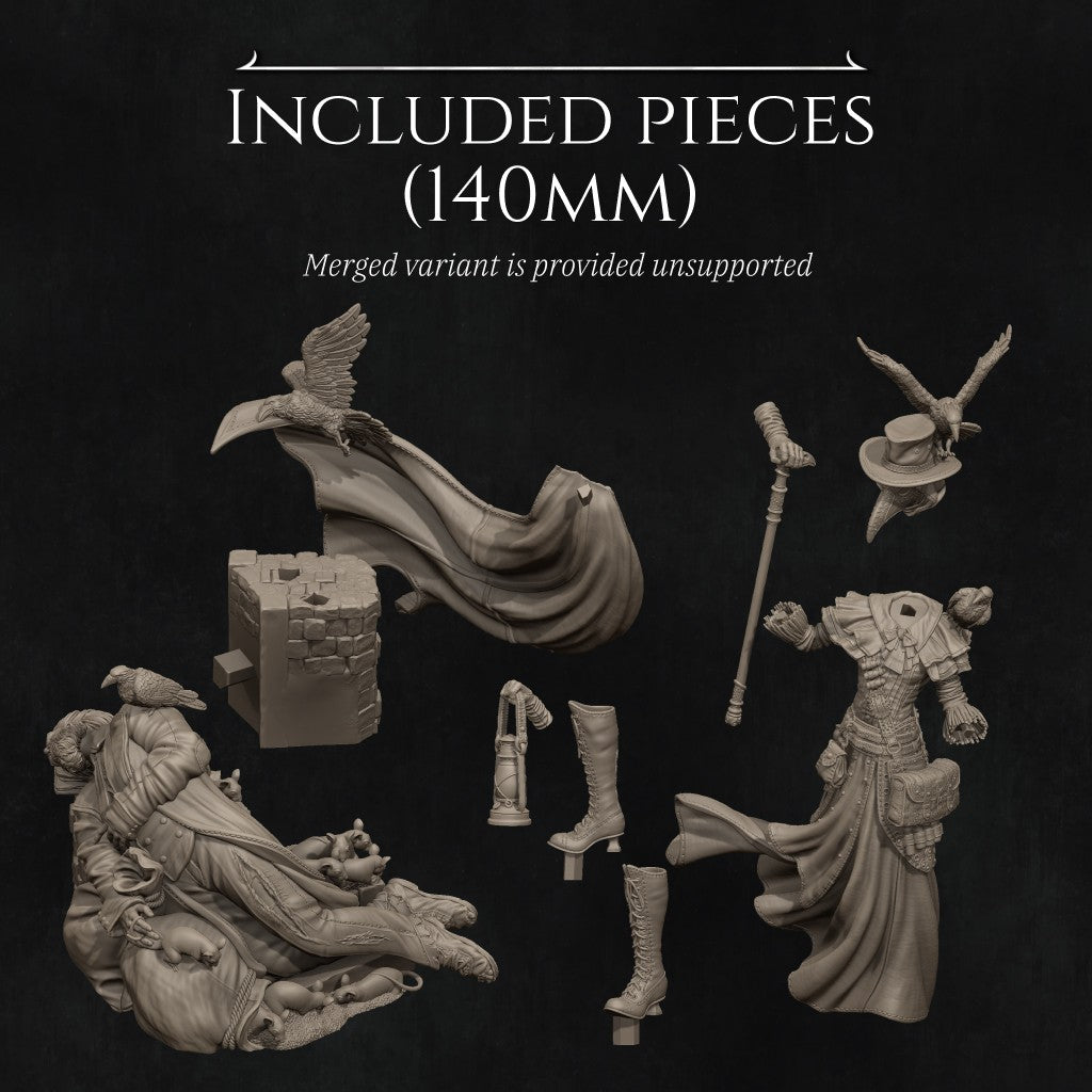 Plague Doctor miniature by Nerikson, 3D printed in ABS-Like resin, featuring a gothic character with a bird mask and glowing green lantern, surrounded by ravens and a fallen figure.