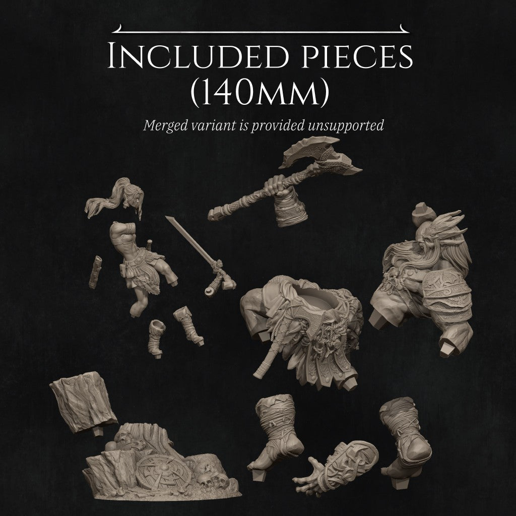 Lia vs the Giant resin miniature by Nerikson – 3D printed fantasy warrior sculpture in ABS-Like Resin, 75mm and 140mm scale, unpainted collector figure