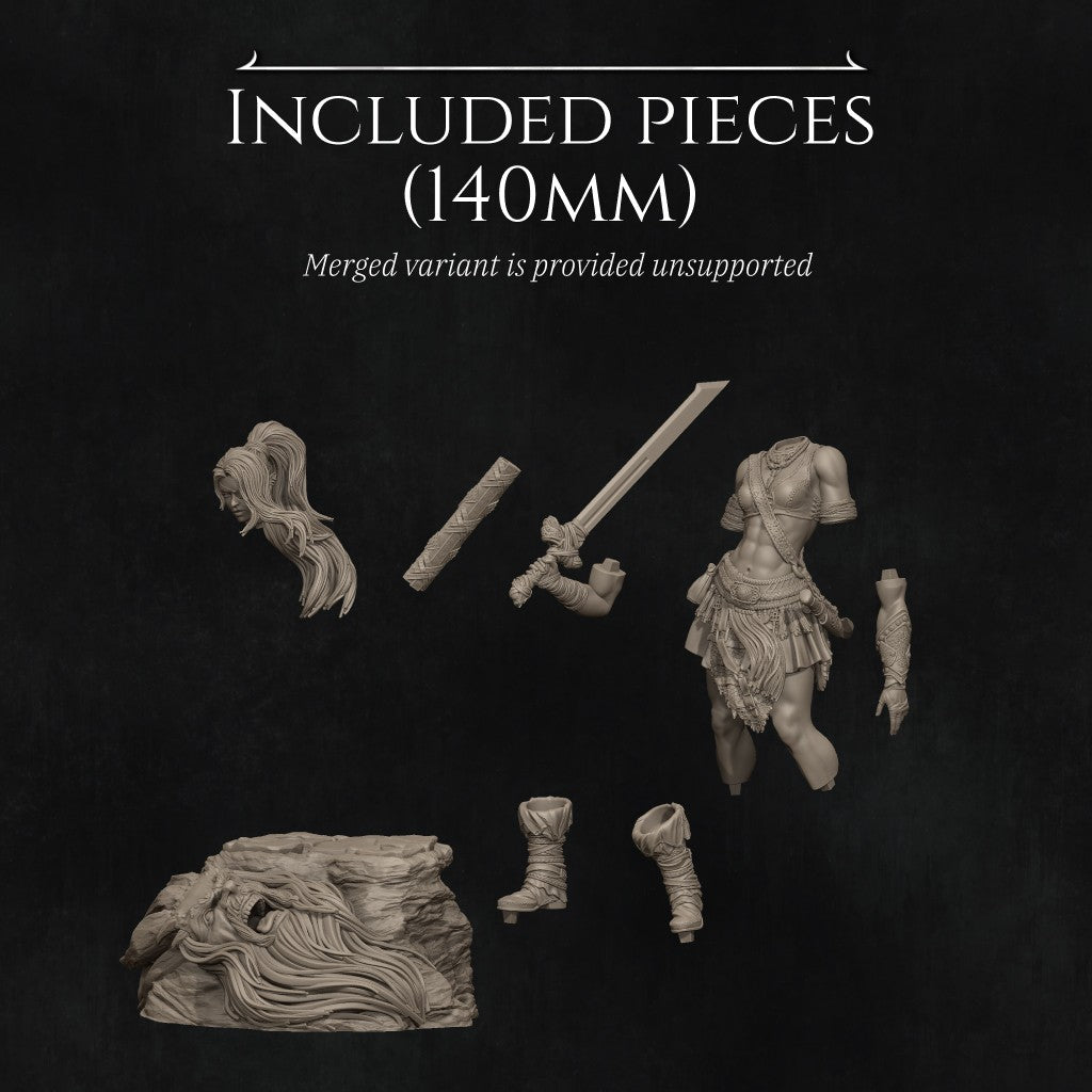 Lia the Barbarian Mercenary fantasy miniature by Nerikson, 3D printed in ABS-Like premium resin, unpainted collectible figurine with fierce warrior character design