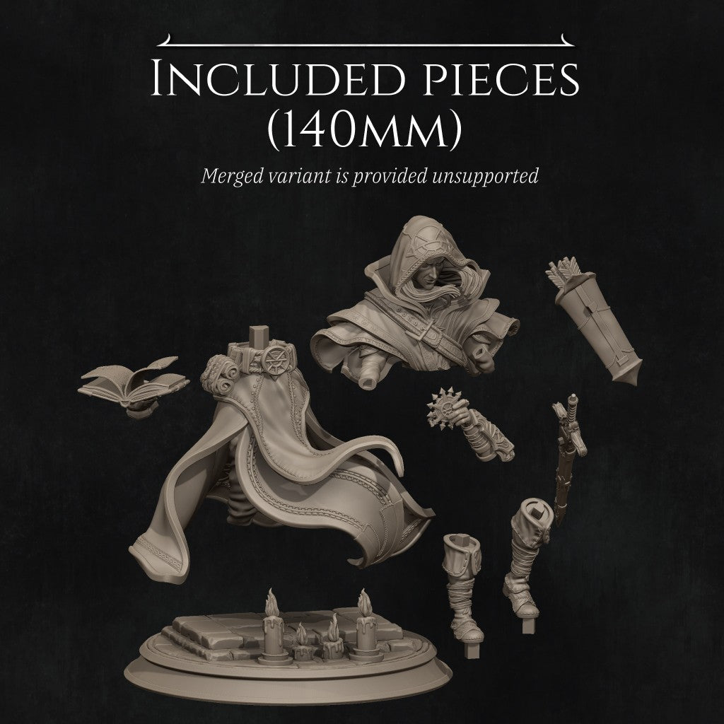 Elf Priest 3D printed resin miniature by Nerikson, showing a hooded elven cleric holding a holy sun symbol and an open tome, unpainted premium ABS-like resin