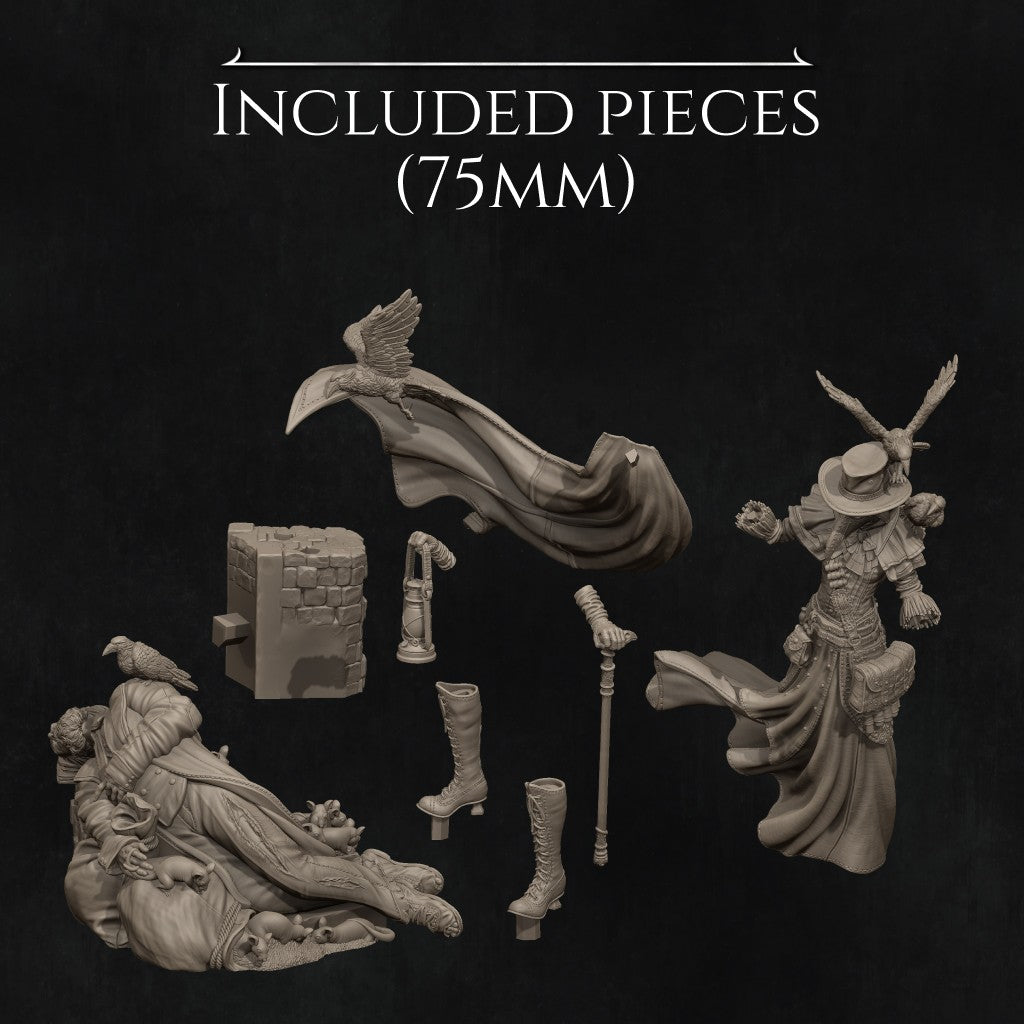 Plague Doctor miniature by Nerikson, 3D printed in ABS-Like resin, featuring a gothic character with a bird mask and glowing green lantern, surrounded by ravens and a fallen figure.