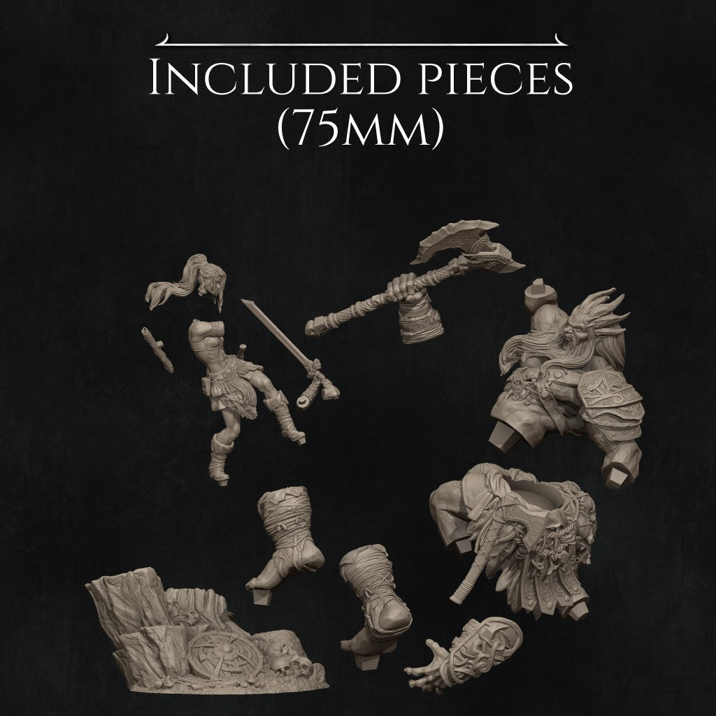 Lia vs the Giant resin miniature by Nerikson – 3D printed fantasy warrior sculpture in ABS-Like Resin, 75mm and 140mm scale, unpainted collector figure