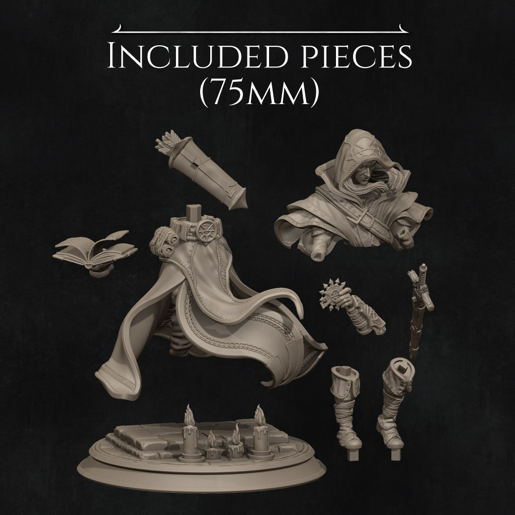 Elf Priest 3D printed resin miniature by Nerikson, showing a hooded elven cleric holding a holy sun symbol and an open tome, unpainted premium ABS-like resin