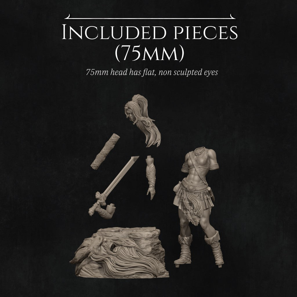 Lia the Barbarian Mercenary fantasy miniature by Nerikson, 3D printed in ABS-Like premium resin, unpainted collectible figurine with fierce warrior character design