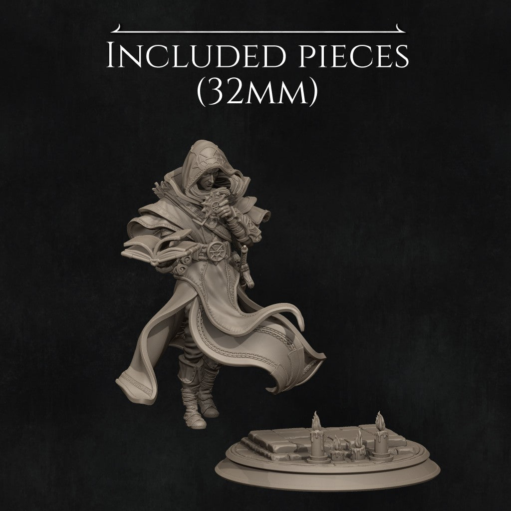 Elf Priest 3D printed resin miniature by Nerikson, showing a hooded elven cleric holding a holy sun symbol and an open tome, unpainted premium ABS-like resin