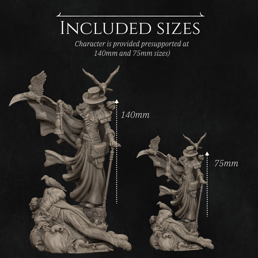 Plague Doctor miniature by Nerikson, 3D printed in ABS-Like resin, featuring a gothic character with a bird mask and glowing green lantern, surrounded by ravens and a fallen figure.
