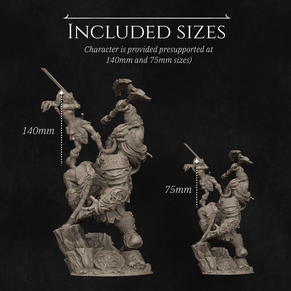 Lia vs the Giant resin miniature by Nerikson – 3D printed fantasy warrior sculpture in ABS-Like Resin, 75mm and 140mm scale, unpainted collector figure