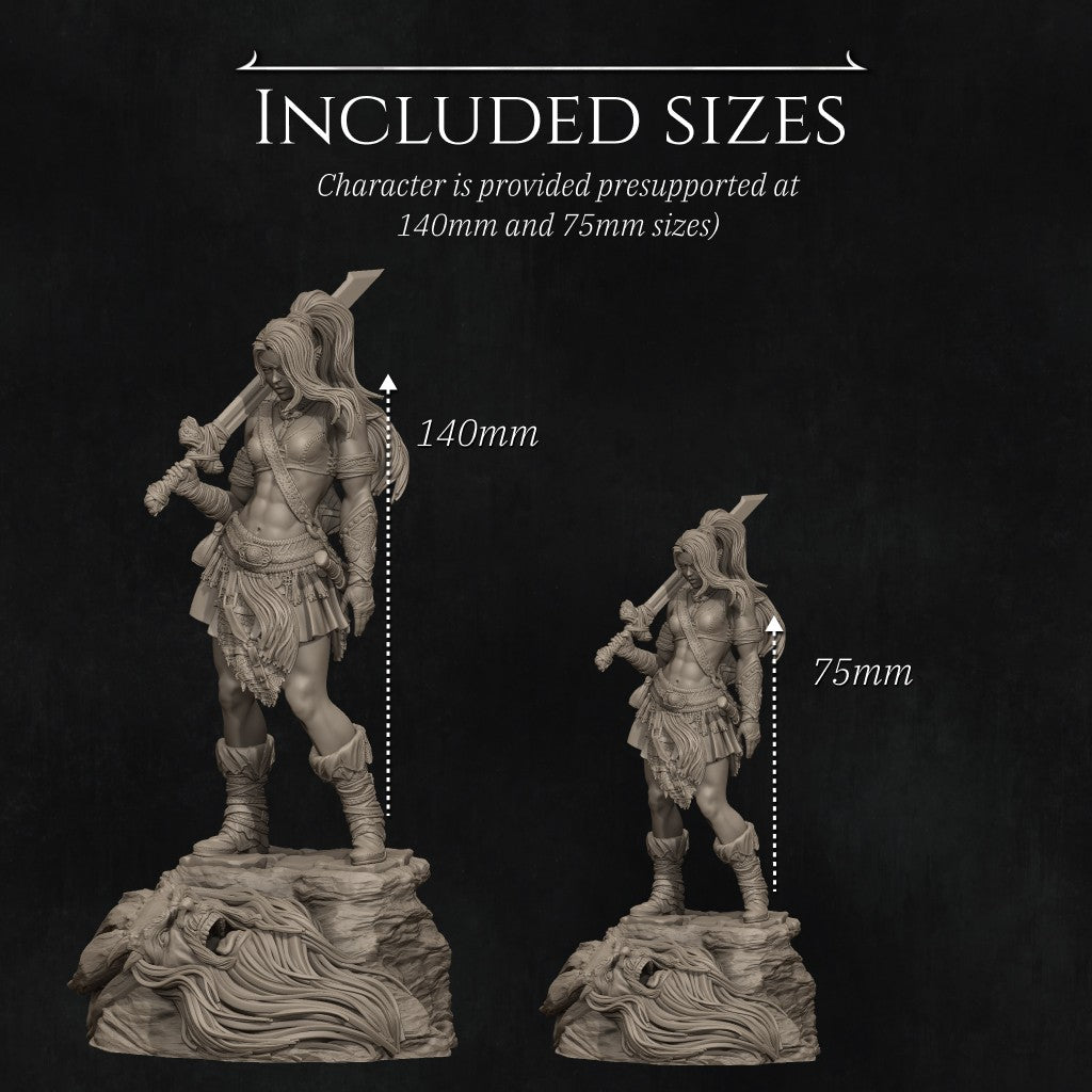 Lia the Barbarian Mercenary fantasy miniature by Nerikson, 3D printed in ABS-Like premium resin, unpainted collectible figurine with fierce warrior character design