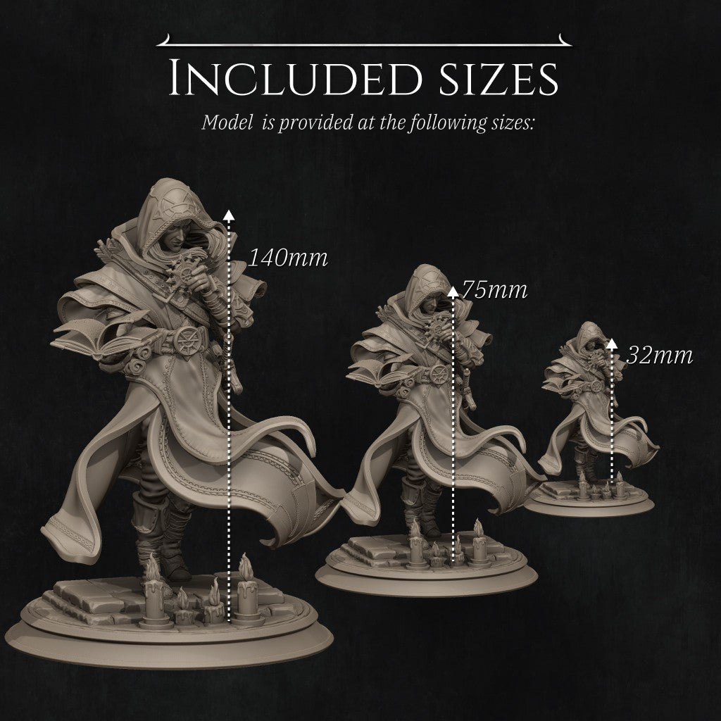 Elf Priest 3D printed resin miniature by Nerikson, showing a hooded elven cleric holding a holy sun symbol and an open tome, unpainted premium ABS-like resin