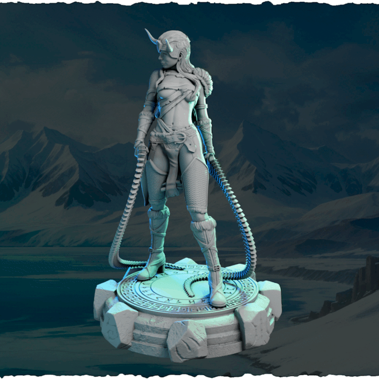 Północna Wojowniczka z Kolczastym Biczem — figurka na runicznej podstawce