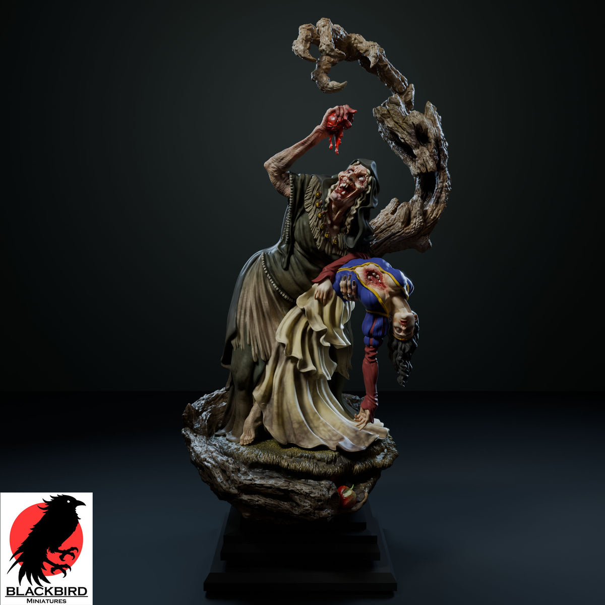 Snow White dark fantasy resin figurine by Black Bird Miniatures, featuring an old witch holding a bleeding heart over a beautiful fallen maiden, printed in high detail ABS-Like resin