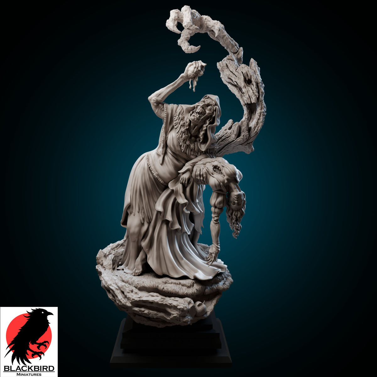Snow White dark fantasy resin figurine by Black Bird Miniatures, featuring an old witch holding a bleeding heart over a beautiful fallen maiden, printed in high detail ABS-Like resin