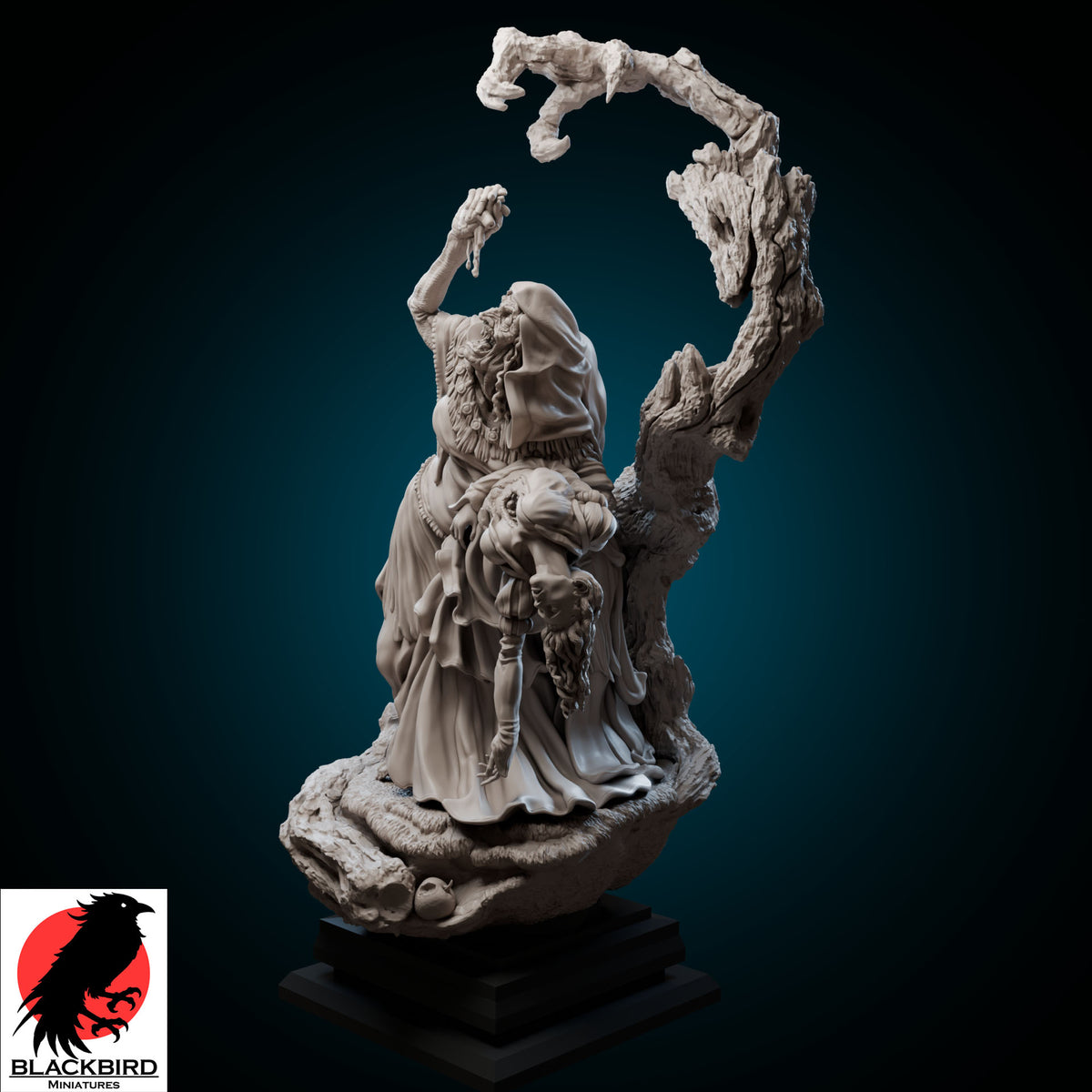 Snow White dark fantasy resin figurine by Black Bird Miniatures, featuring an old witch holding a bleeding heart over a beautiful fallen maiden, printed in high detail ABS-Like resin