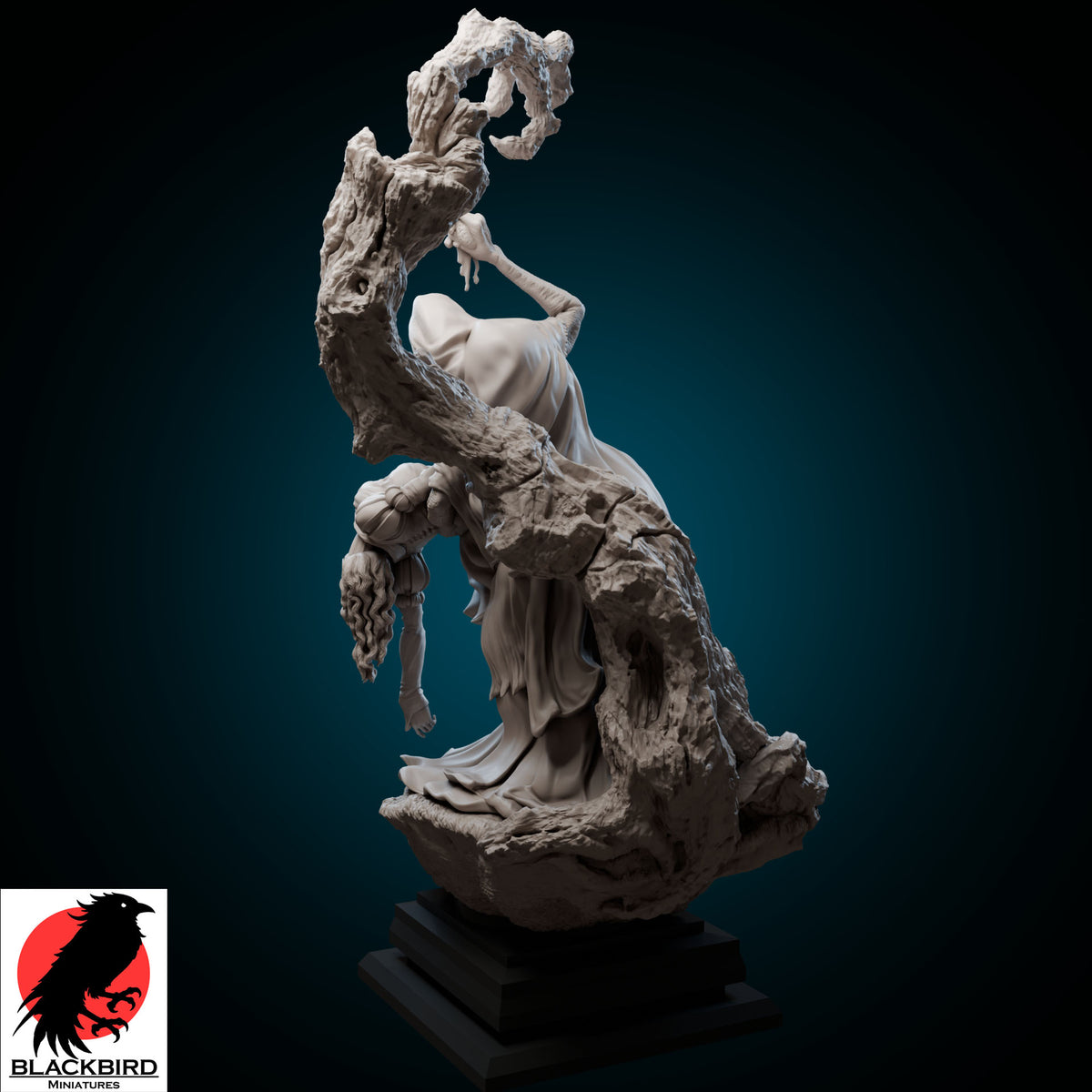 Snow White dark fantasy resin figurine by Black Bird Miniatures, featuring an old witch holding a bleeding heart over a beautiful fallen maiden, printed in high detail ABS-Like resin
