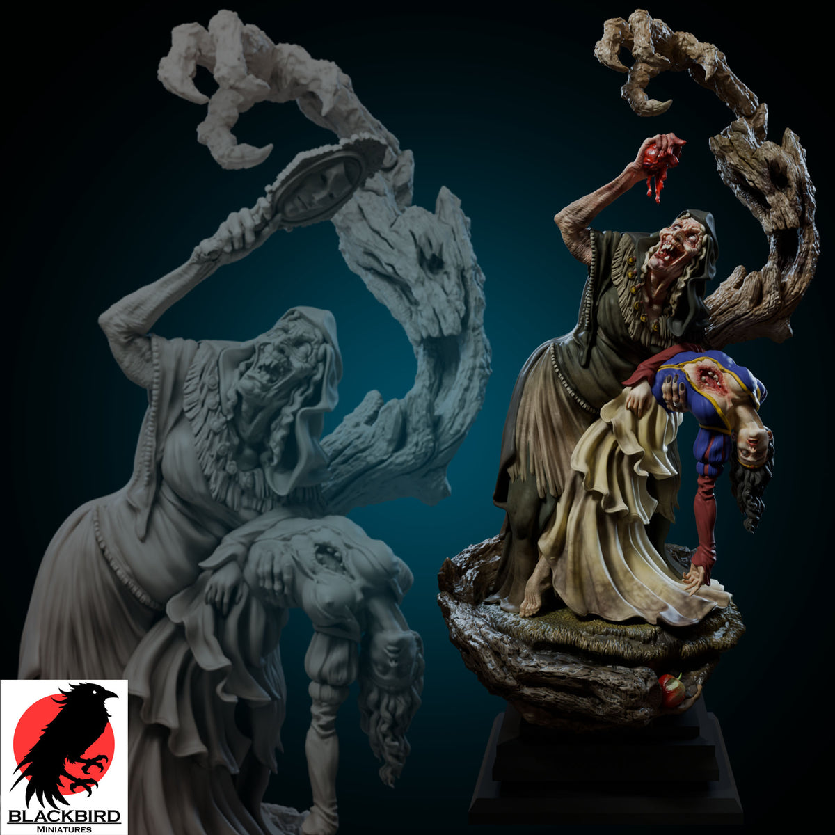 Snow White dark fantasy resin figurine by Black Bird Miniatures, featuring an old witch holding a bleeding heart over a beautiful fallen maiden, printed in high detail ABS-Like resin