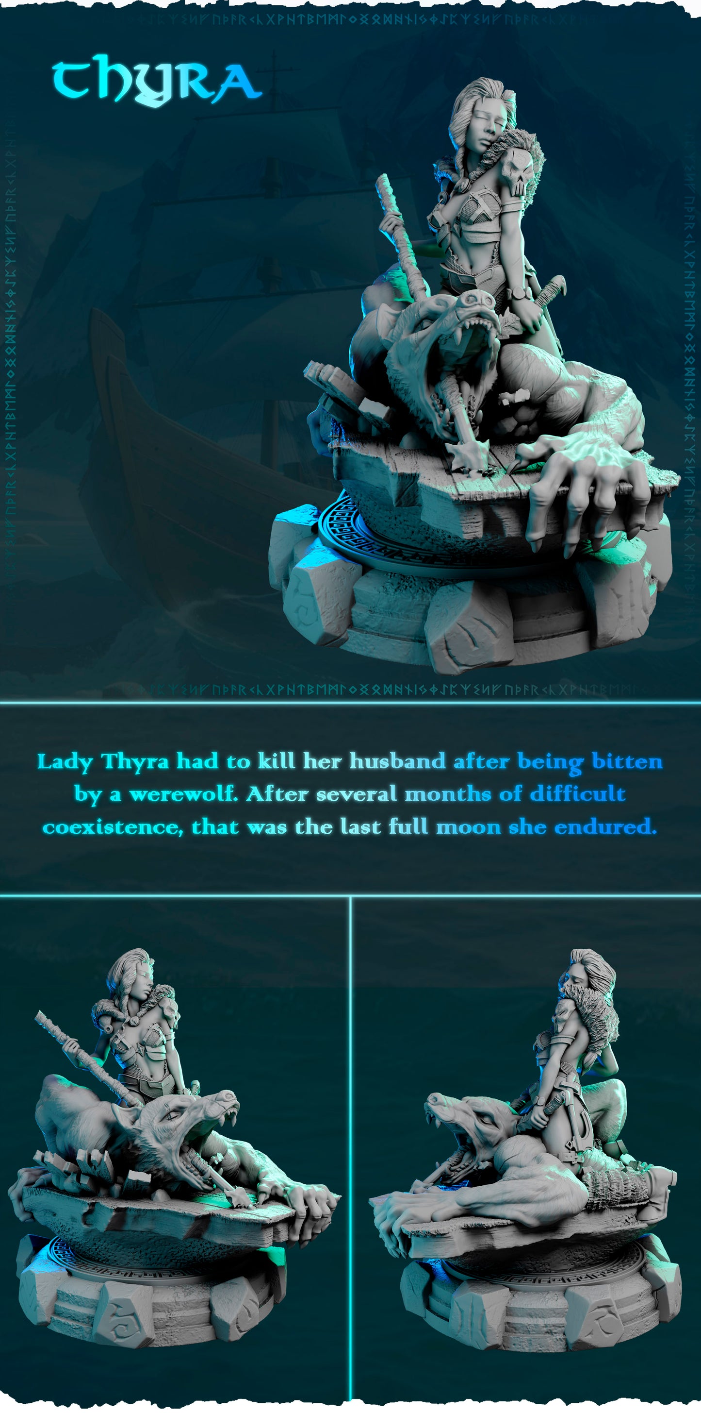 Północna Łowczyni z Bestią — widok z boku na podstawce z runami