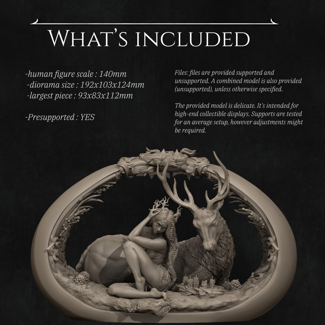 The Four Seasons: Winter resin scale miniature by Nerikson, featuring a serene winter druid resting next to a majestic horned stag, printed in ultra-detailed 16K ABS-Like resin